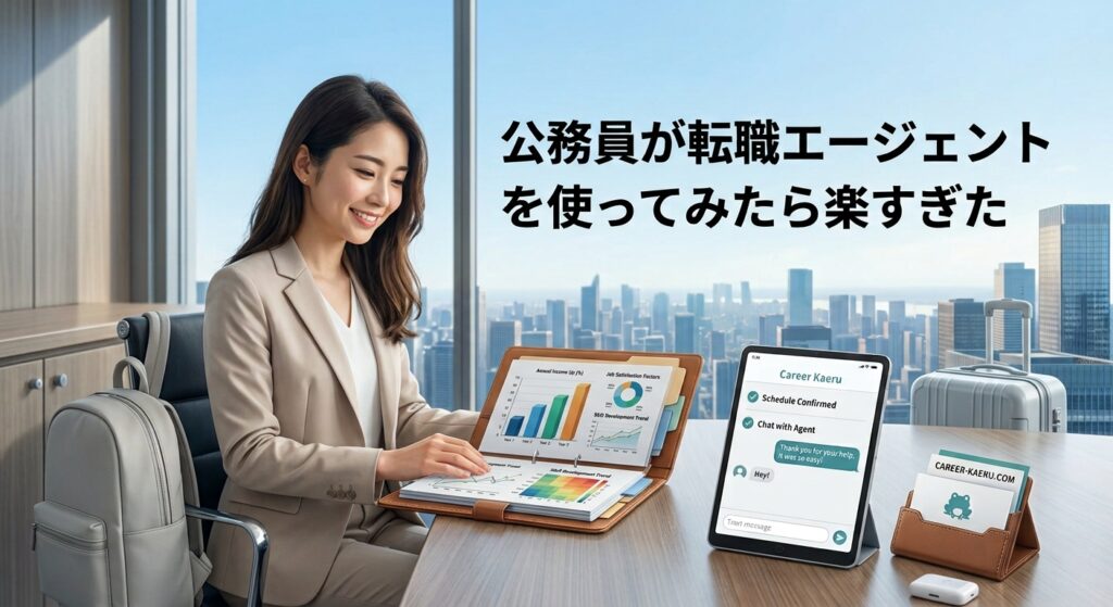 「公務員が転職エージェントを使ってみたら楽すぎた」と書かれた記事のアイキャッチ画像。オフィスの机に向かい、書類とタブレットを前にして座る人物。